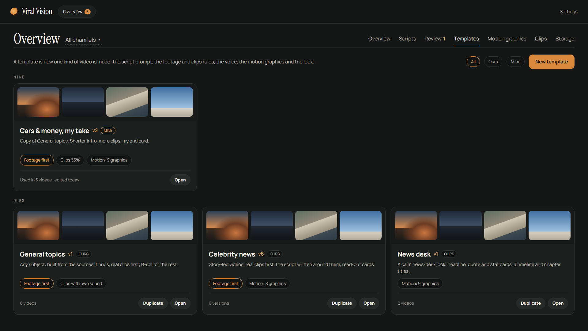 Templates page